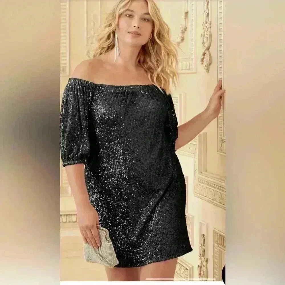 VENUS Black Sequin Off-The-Shoulder Mini Dress Size XL NWOT
